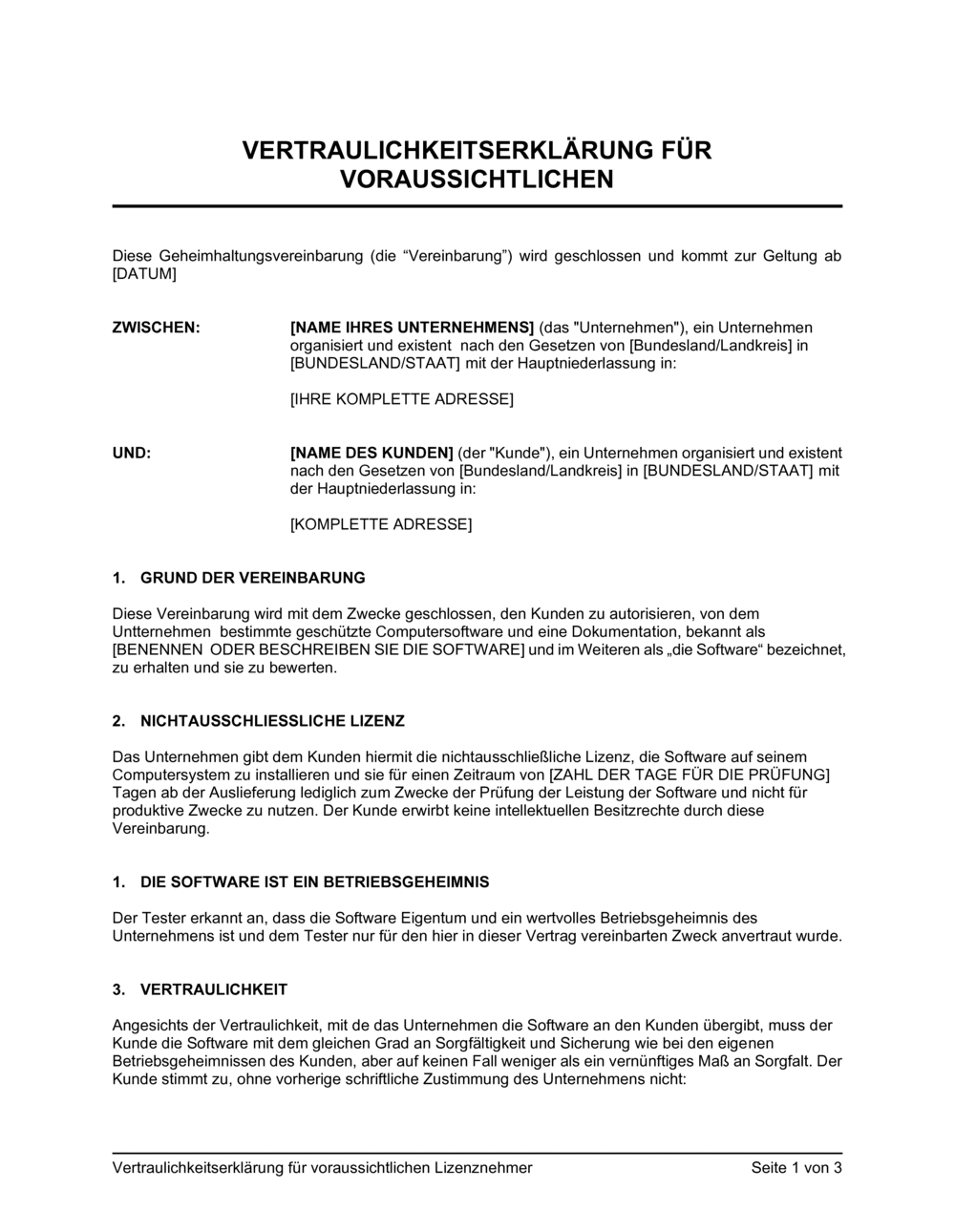 Business-in-a-Box's Vertraulichkeitserklärung für voraussichtlichen Lizenznehmer