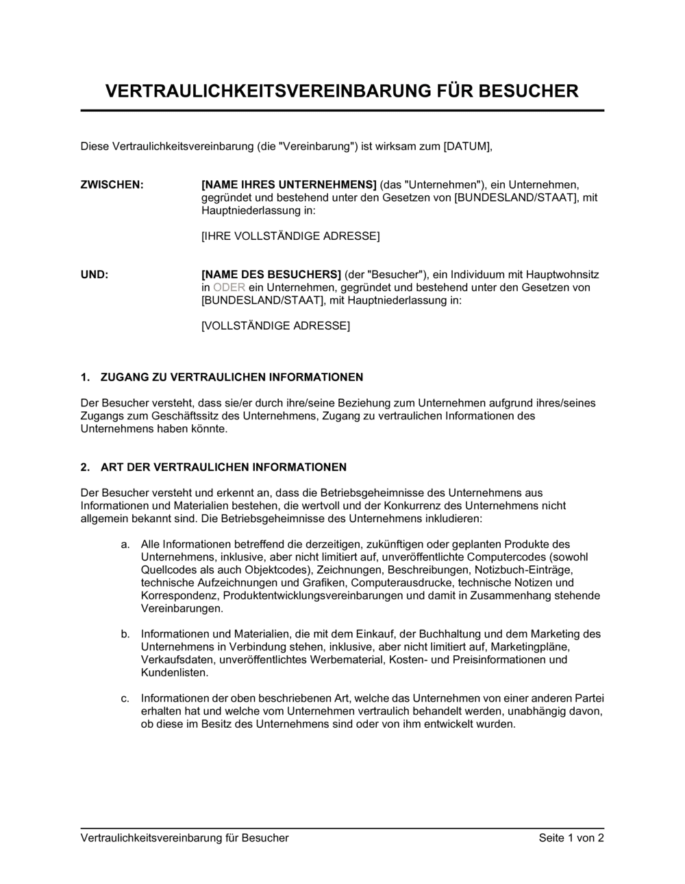 Business-in-a-Box's Vertraulichkeitsvereinbarung für Besucher