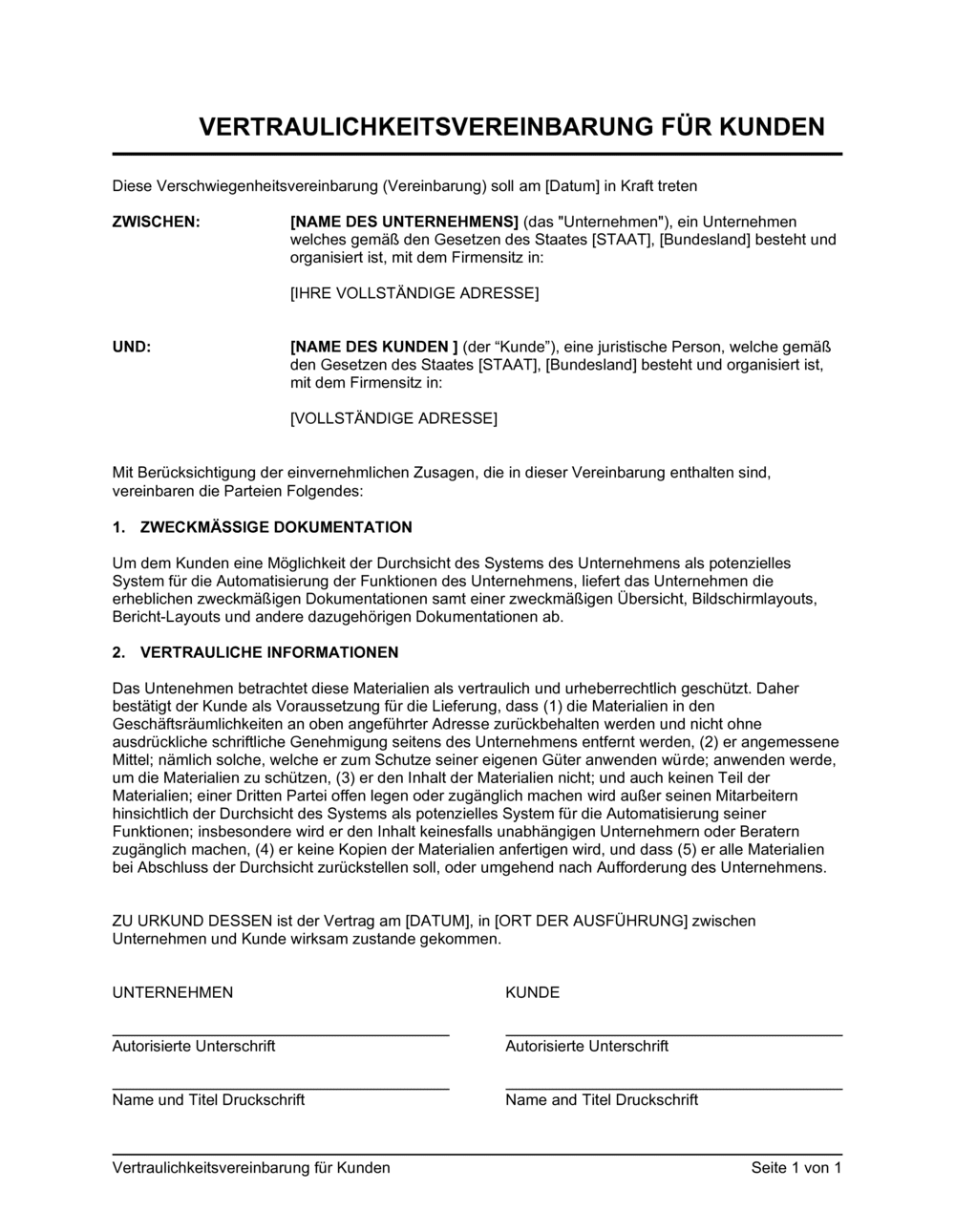 Business-in-a-Box's Vertraulichkeitsvereinbarung für Kunden