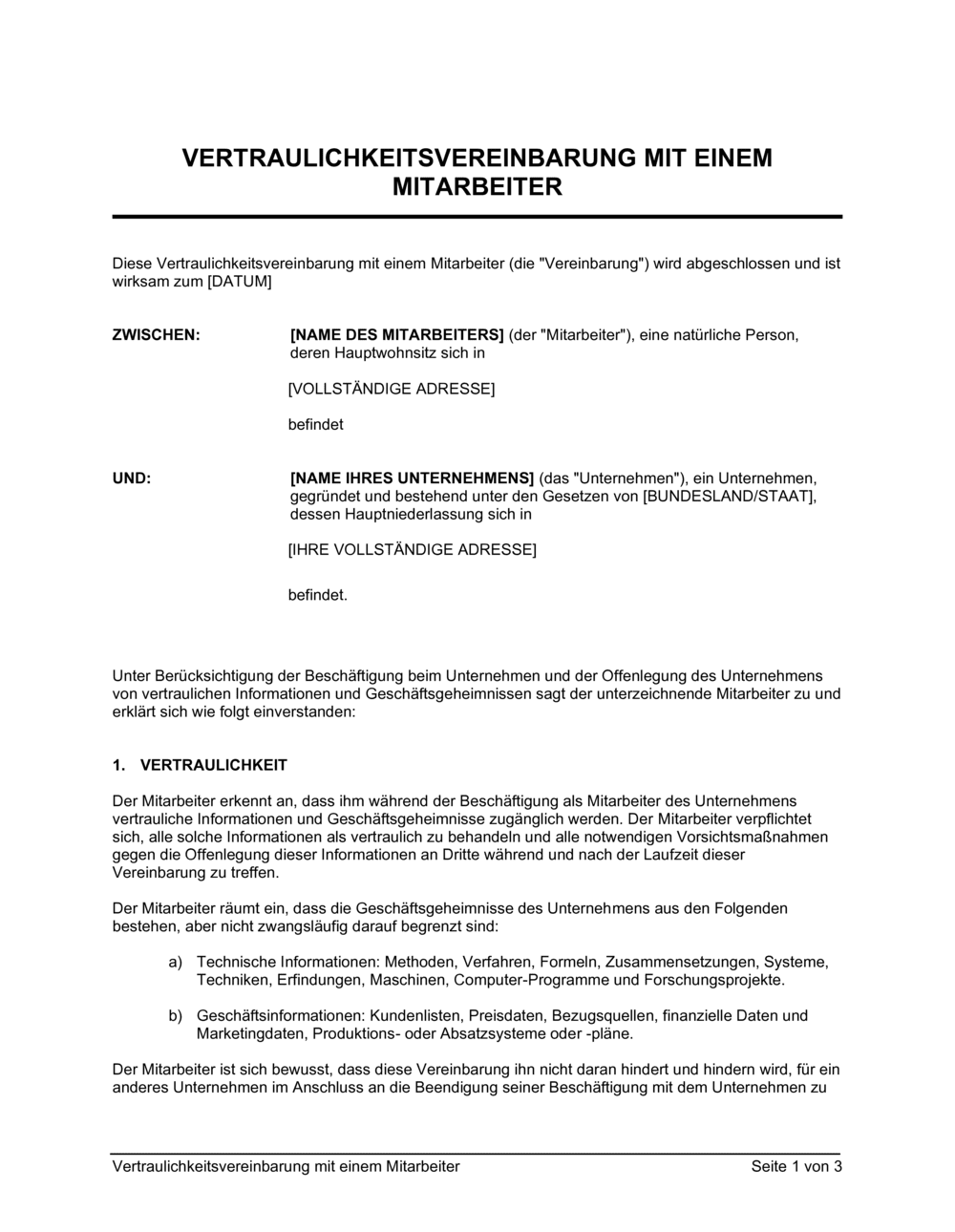 Business-in-a-Box's Vertraulichkeitsvereinbarung mit einem Mitarbeiter