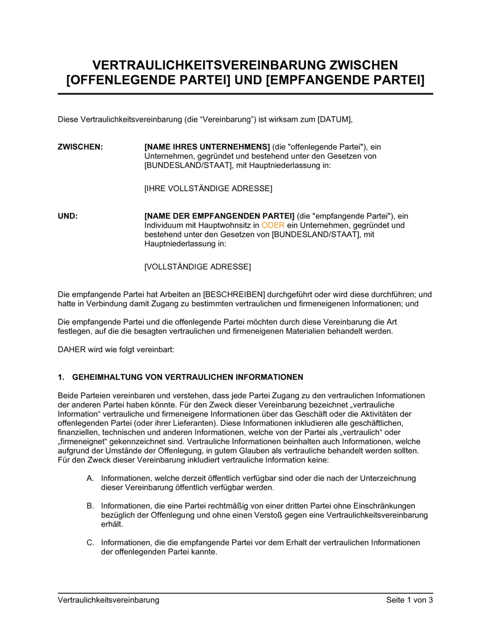 Business-in-a-Box's Vertraulichkeitsvereinbarung zwischen zwei Unternehmen