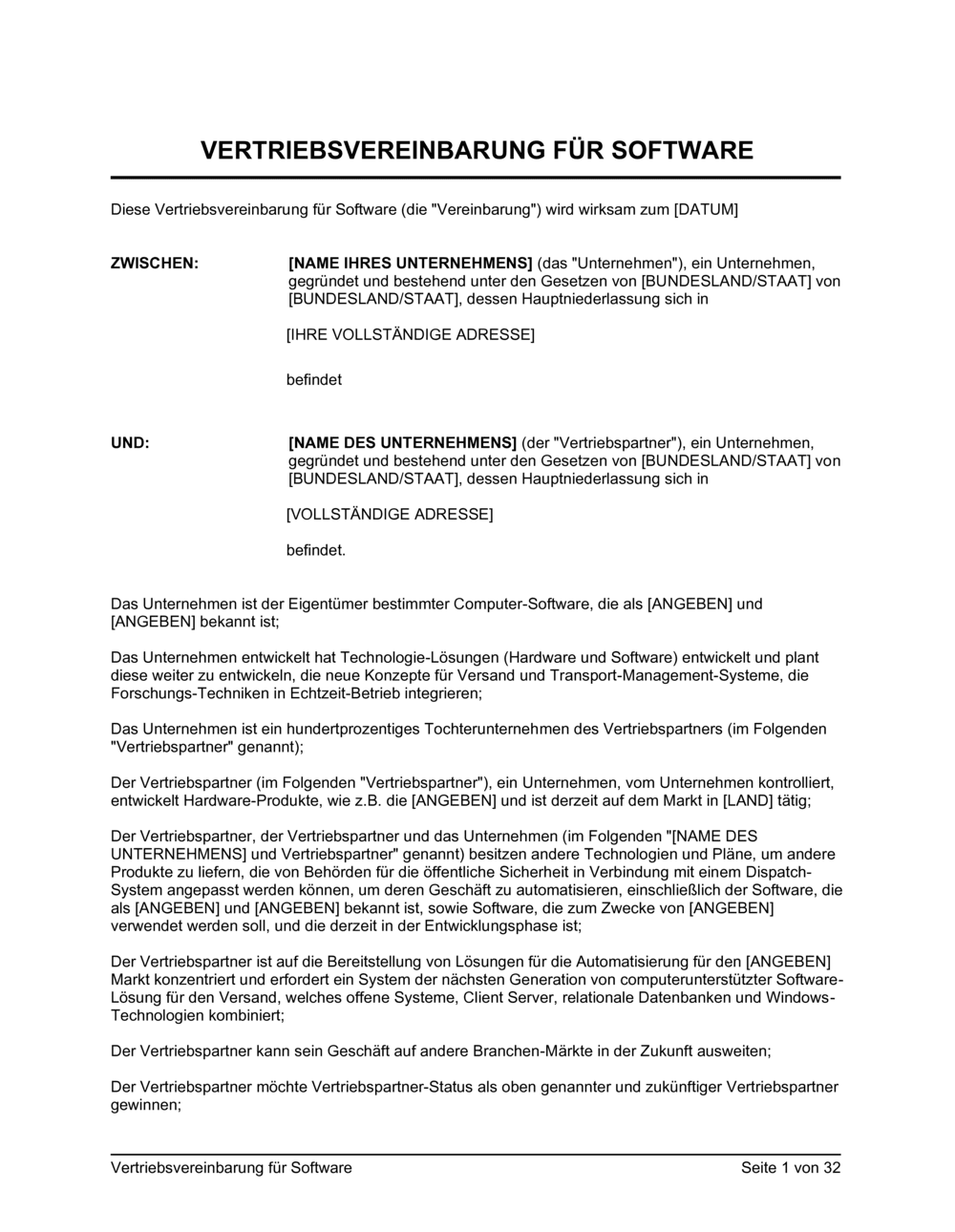 Business-in-a-Box's Vertriebsvereinbarung für Software