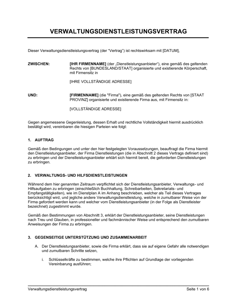 Business-in-a-Box's Verwaltungsdienstleistungsvertrag