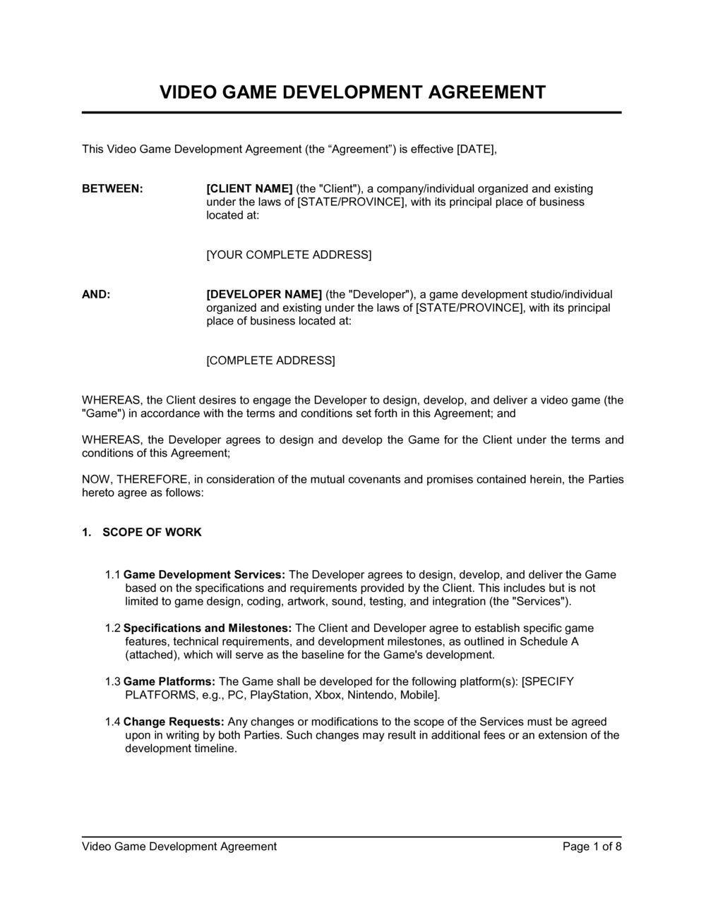 Business-in-a-Box's Video Game Development Agreement Template