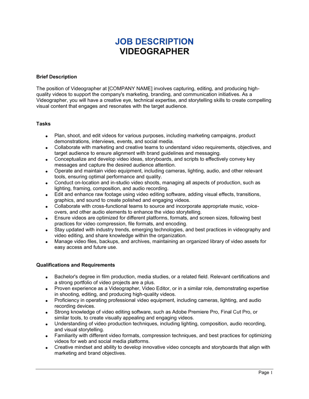 Business-in-a-Box's Videographer Job Description Template