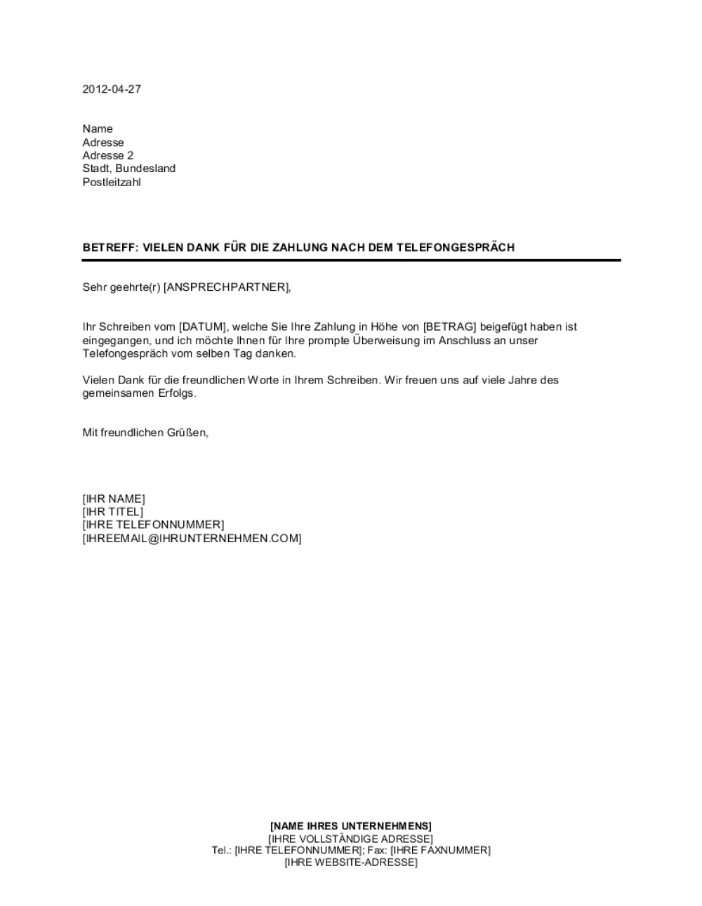 Business-in-a-Box's Vielen Dank für Zahlung nach Telefonat