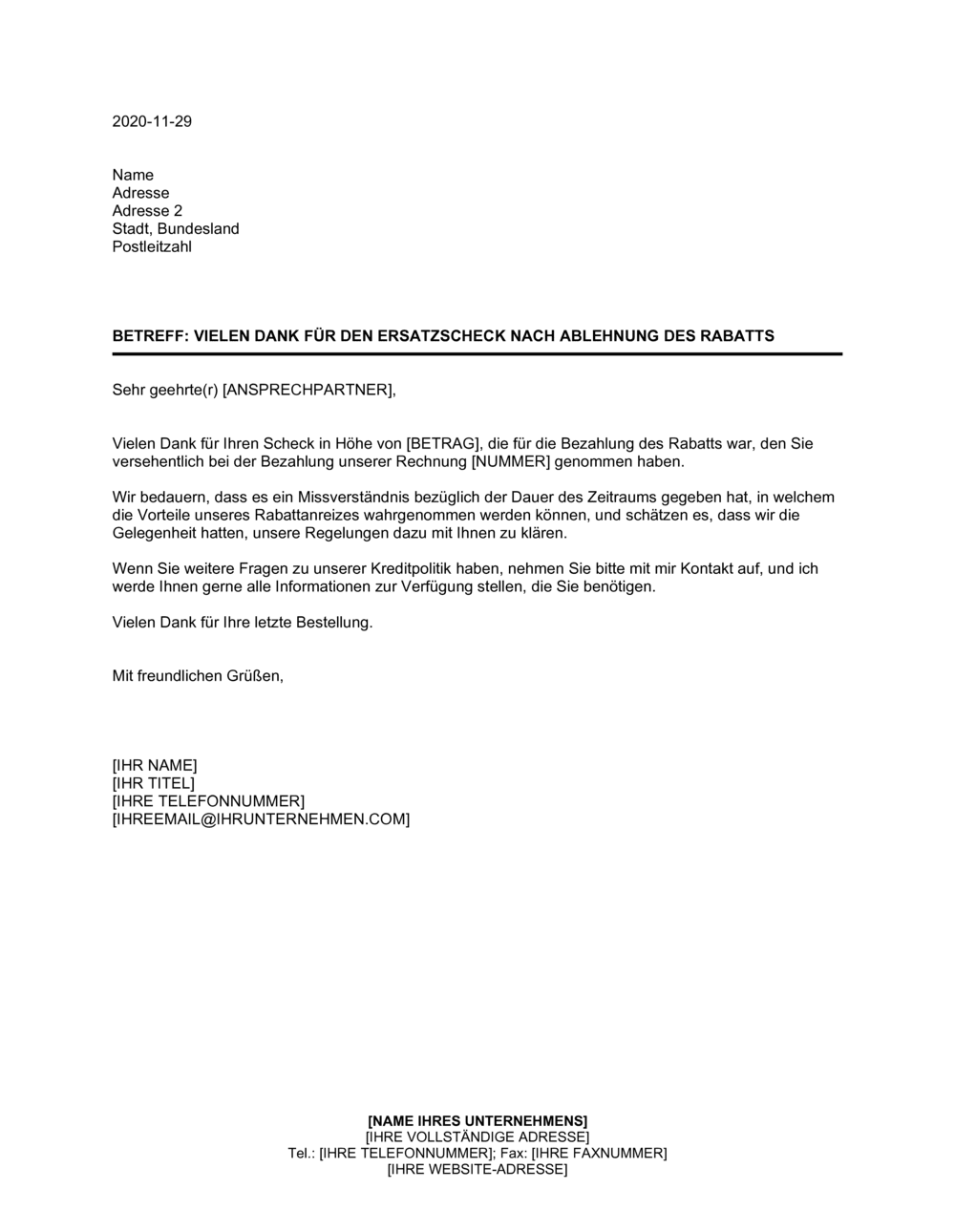 Business-in-a-Box's Vielen Dank für den Ersatzscheck nach Ablehnung des Rabatts