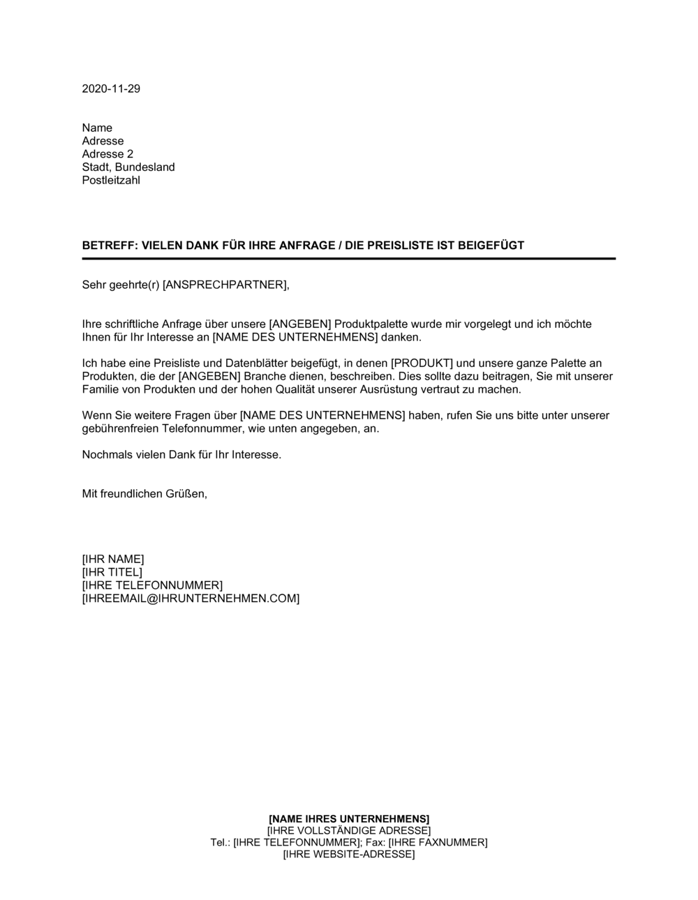 Business-in-a-Box's Vielen Dank für Ihre Anfrage - Preisliste ist beigefügt