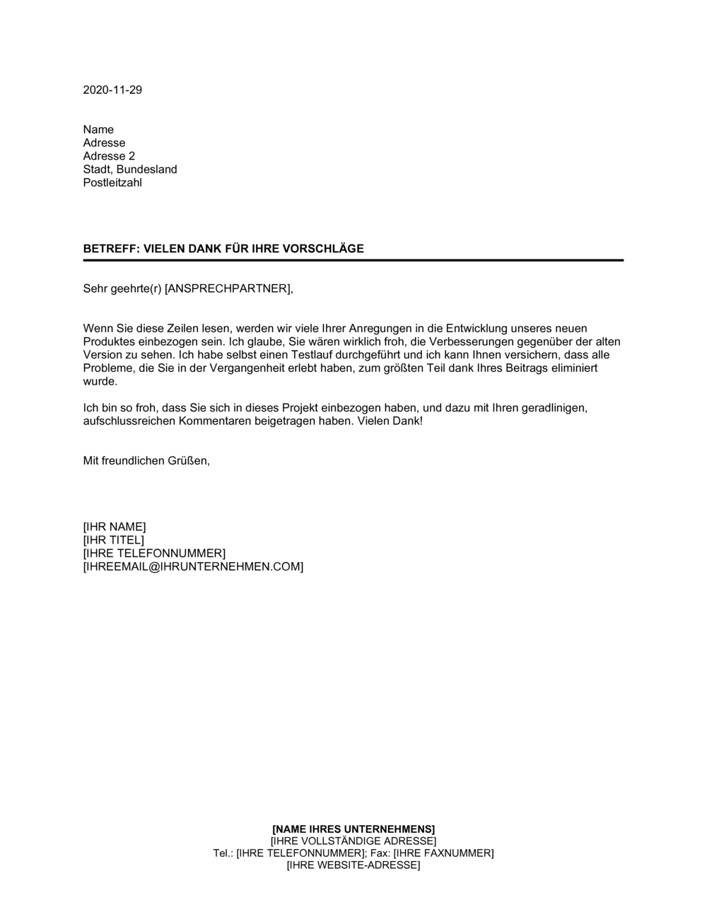 Business-in-a-Box's Vielen Dank für Ihre Vorschläge