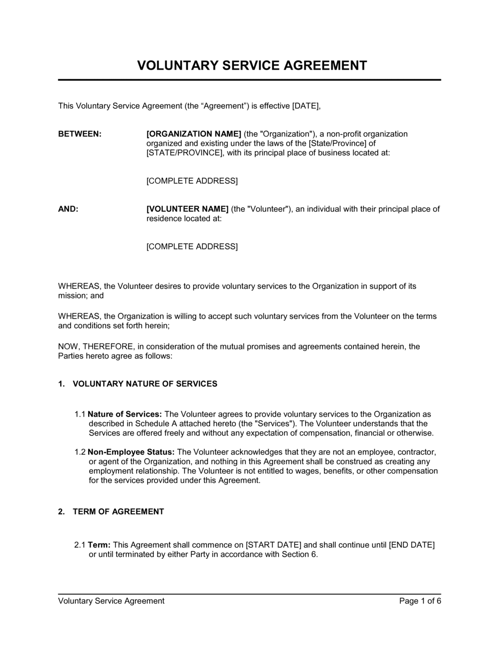Business-in-a-Box's Voluntary Service Agreement Template