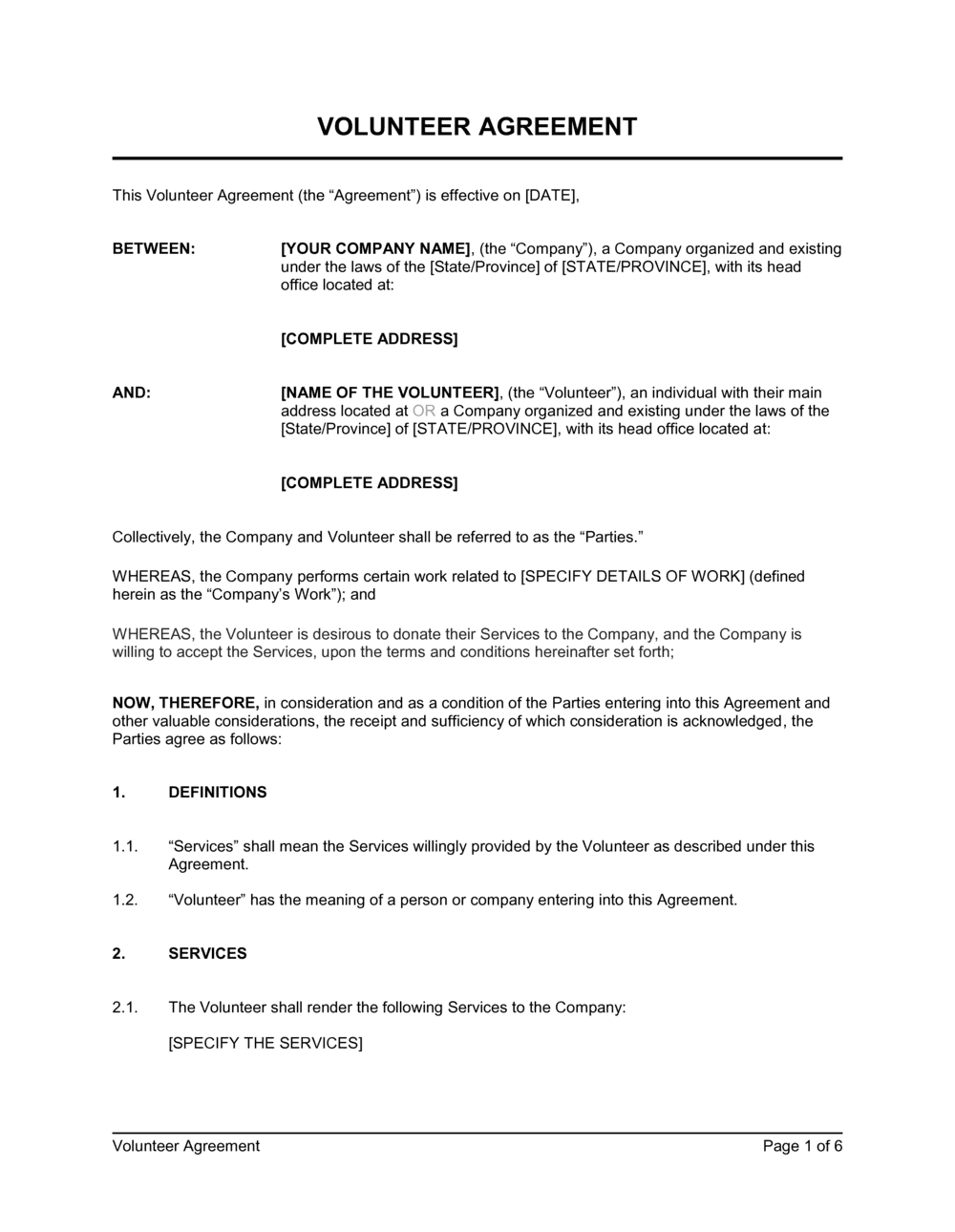 Business-in-a-Box's Volunteer Agreement Template