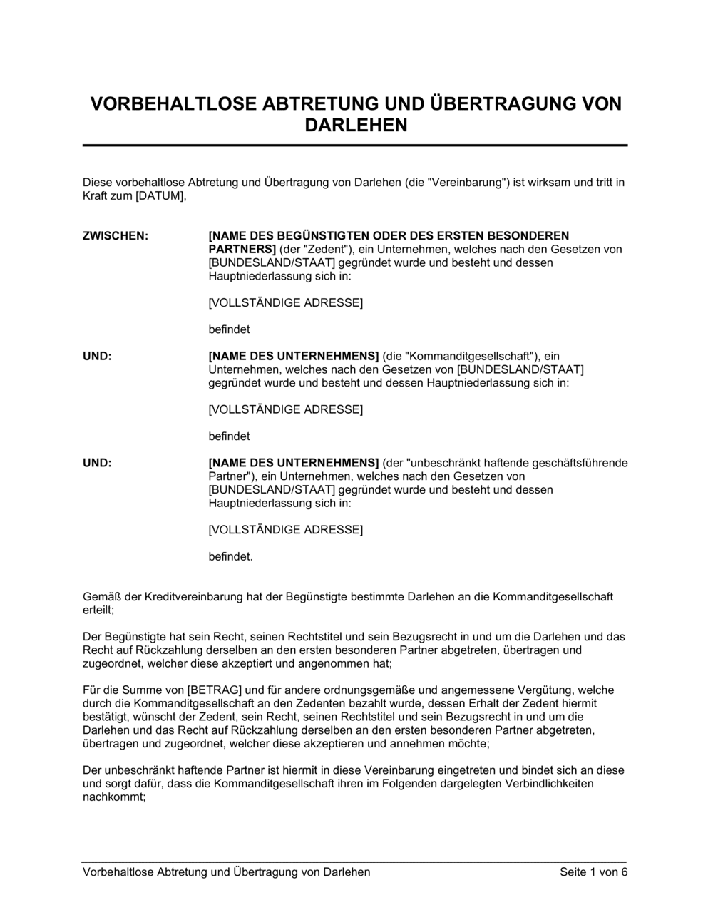 Business-in-a-Box's Vorbehaltlose Abtretung und Übertragung von Darlehen