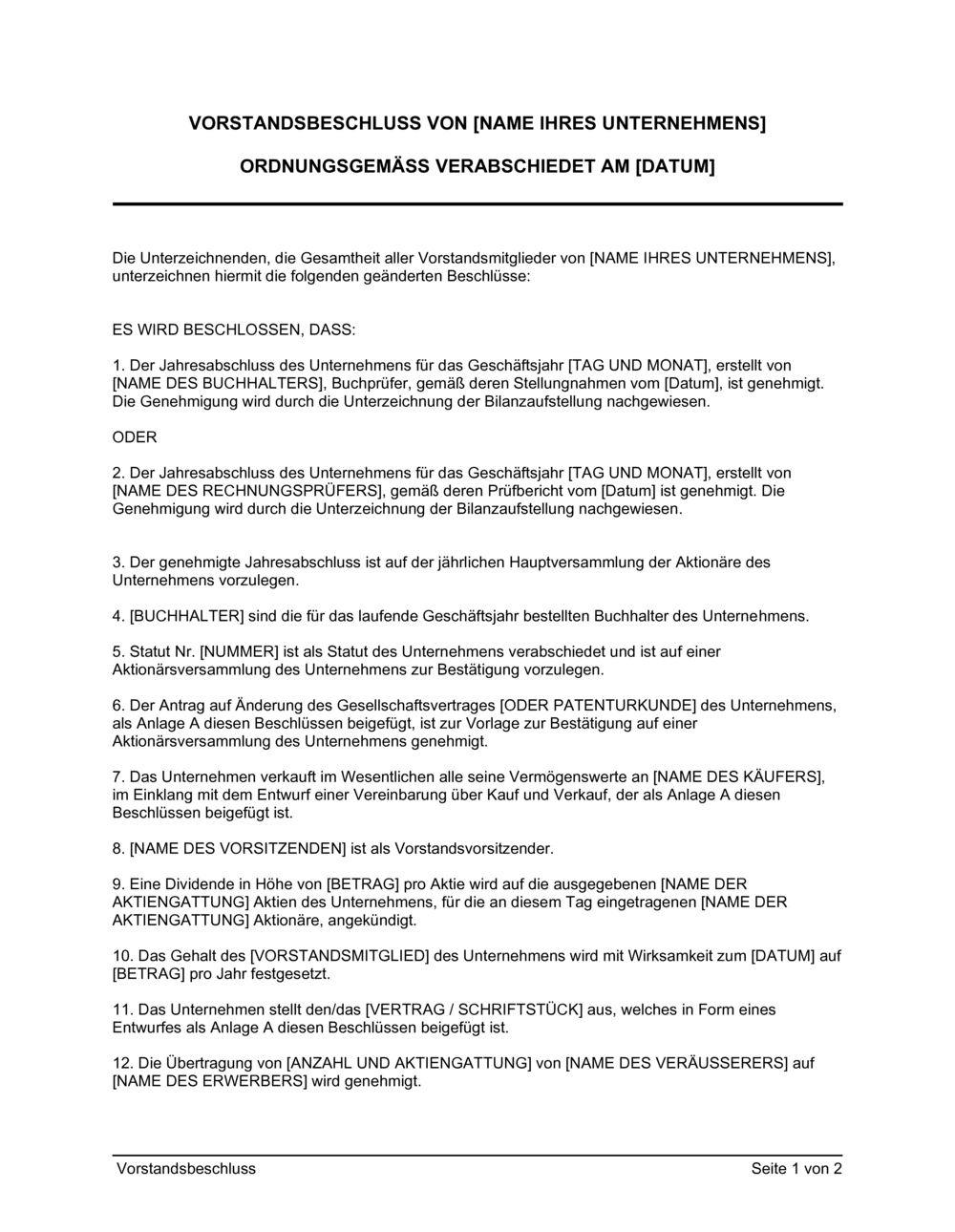 Business-in-a-Box's Vorstandsbeschluss