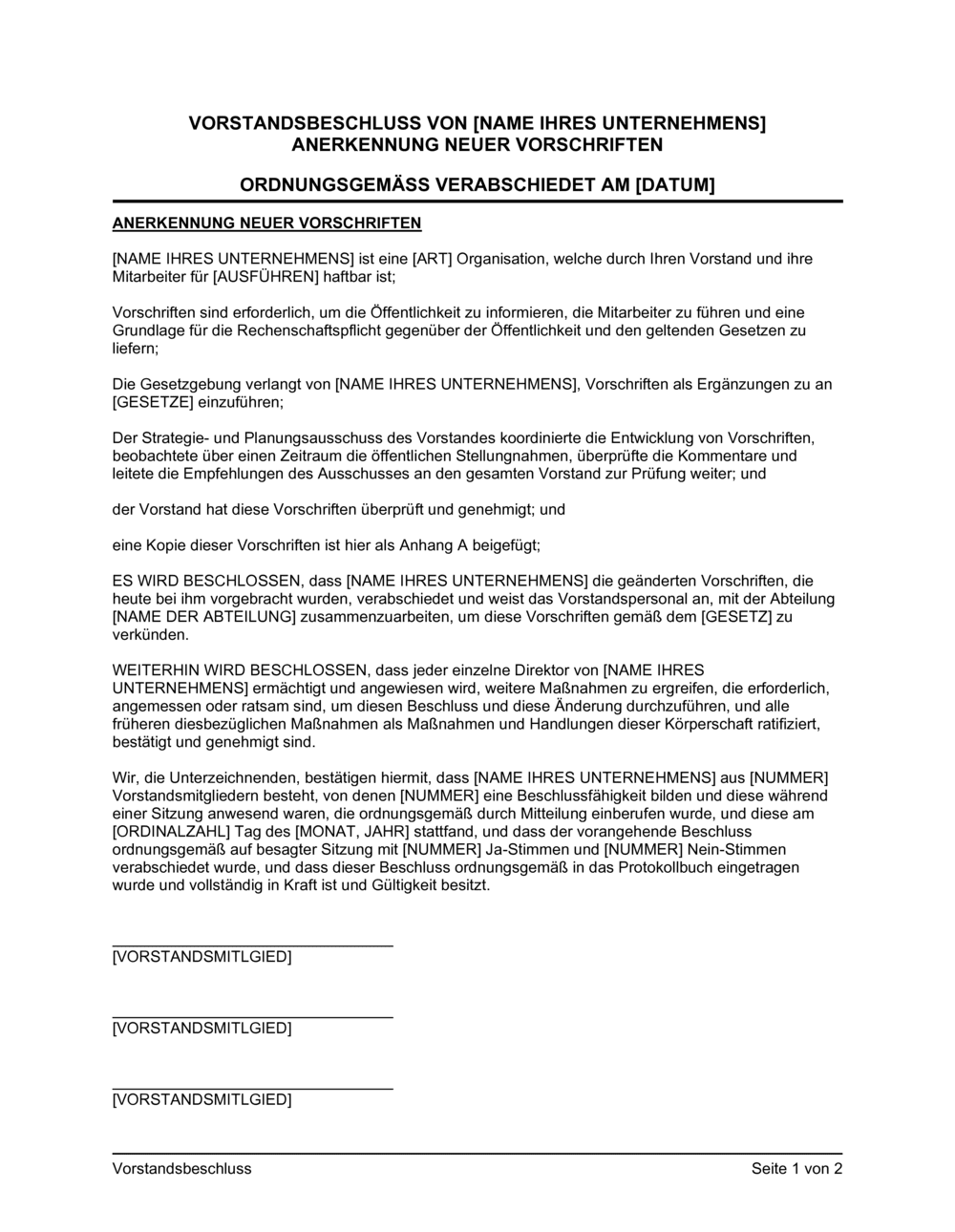 Business-in-a-Box's Vorstandsbeschluss Anerkennung neuer Vorschriften