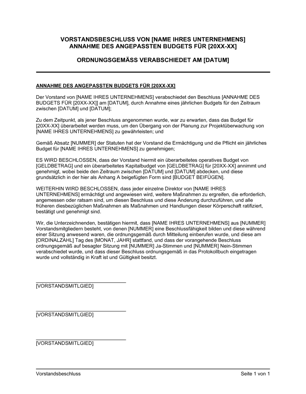 Business-in-a-Box's Vorstandsbeschluss Annahme des angepassten Budgets