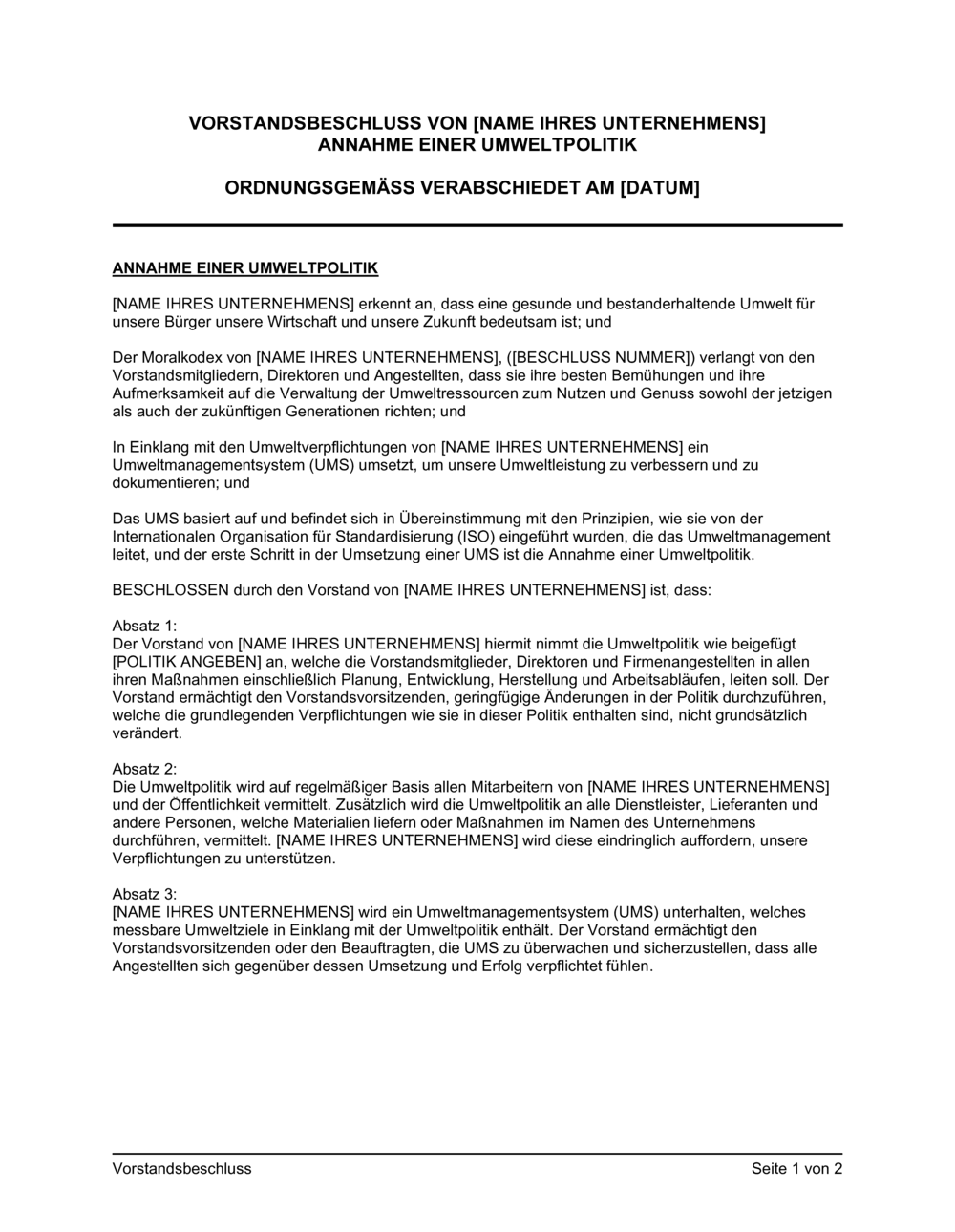 Business-in-a-Box's Vorstandsbeschluss Annahme einer Umweltpolitik