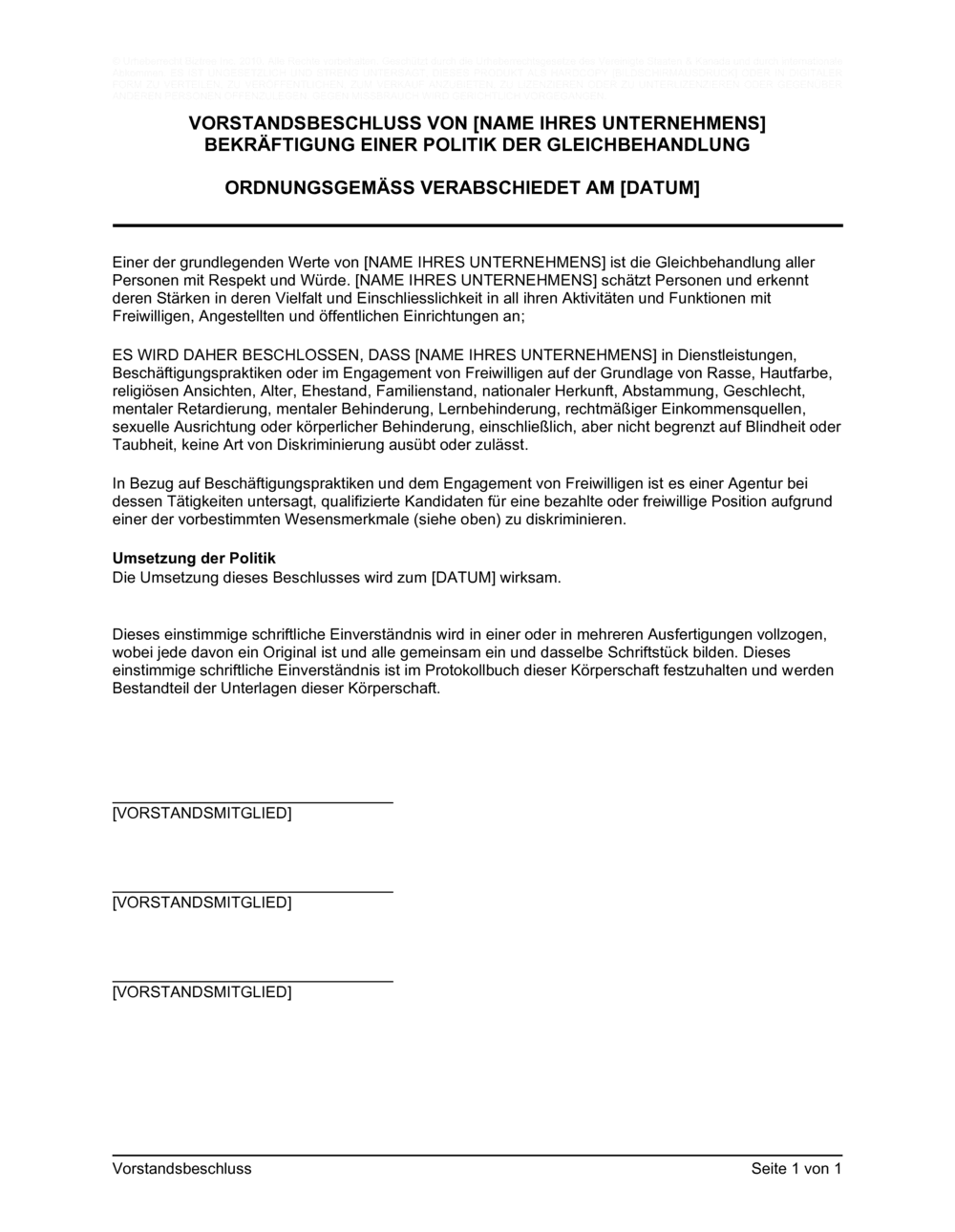 Business-in-a-Box's Vorstandsbeschluss Bekräftigung einer Politik der Gleichbehandlung