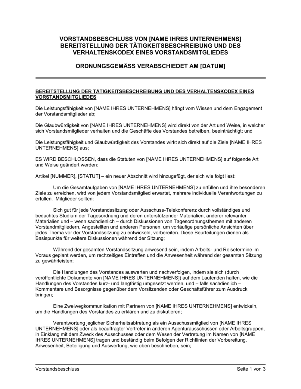 Business-in-a-Box's Vorstandsbeschluss Bereitstellung der Tätigkeitsbeschreibung