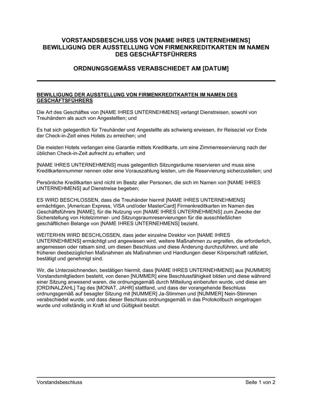 Business-in-a-Box's Vorstandsbeschluss Bewilligung der Ausstellung von Firmenkreditkarten