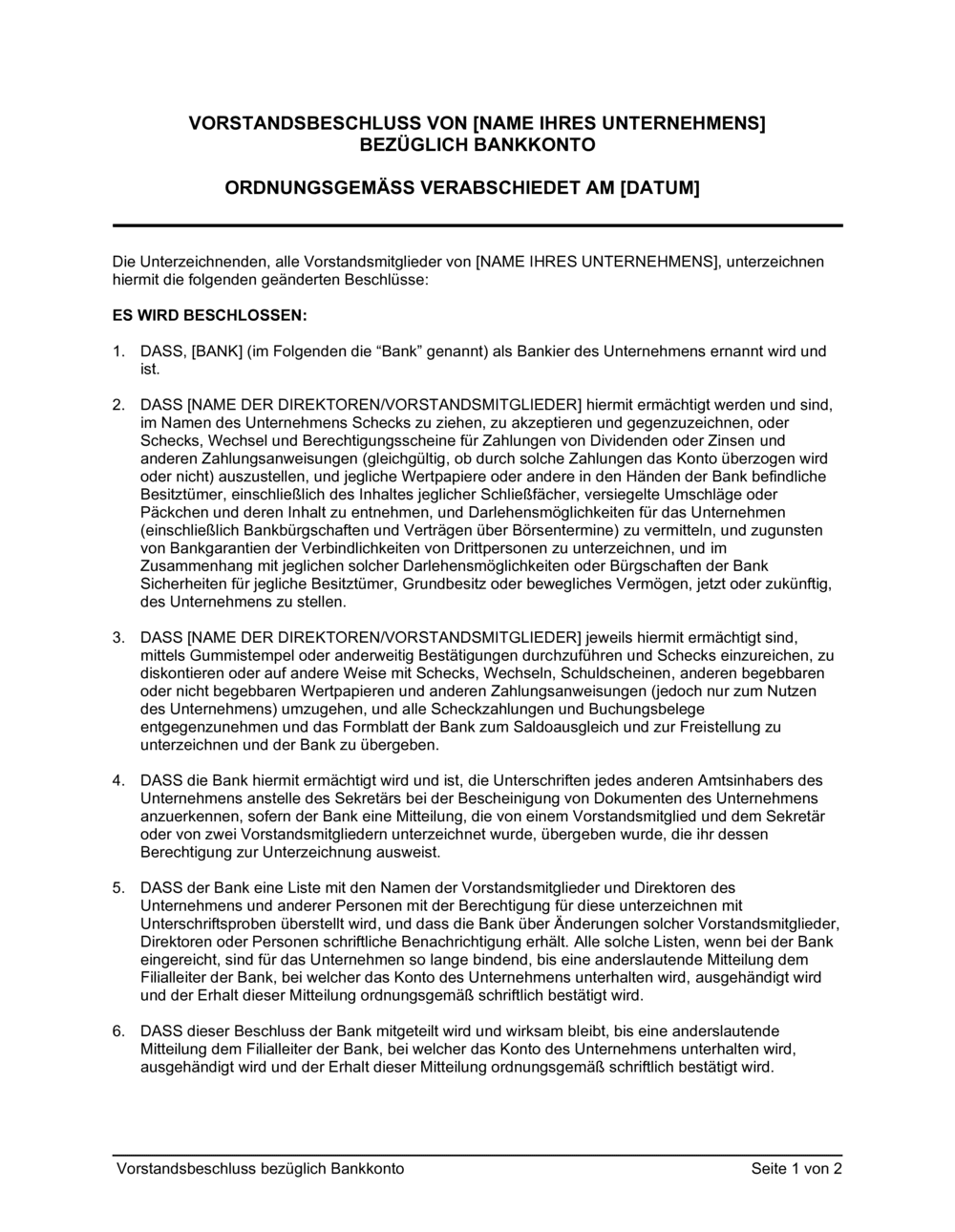 Business-in-a-Box's Vorstandsbeschluss bezüglich Bankkonto