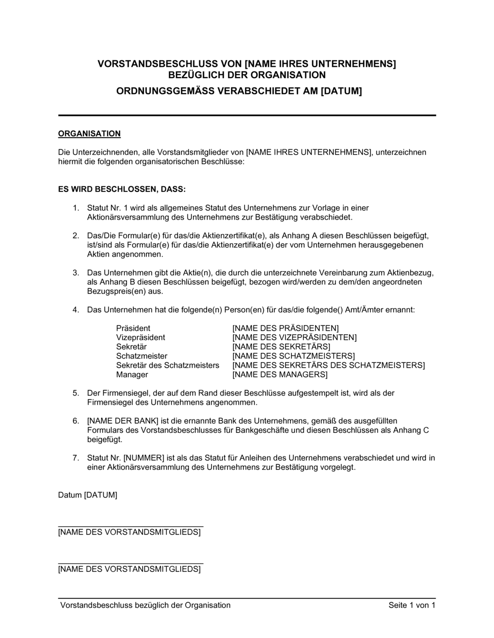 Business-in-a-Box's Vorstandsbeschluss bezüglich der Organisation