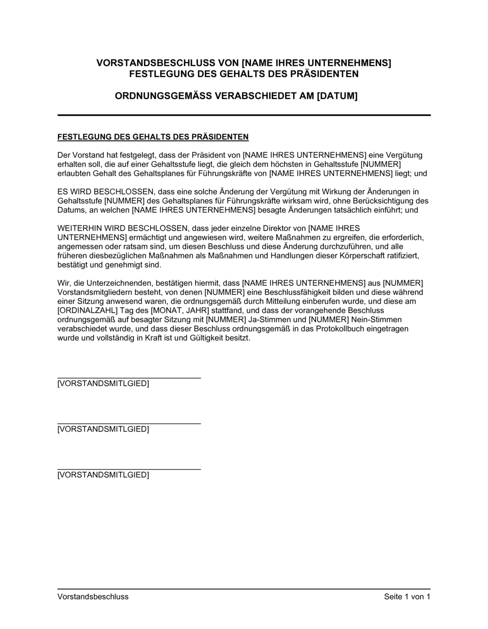 Business-in-a-Box's Vorstandsbeschluss Festlegung des Gehalts des Präsidenten