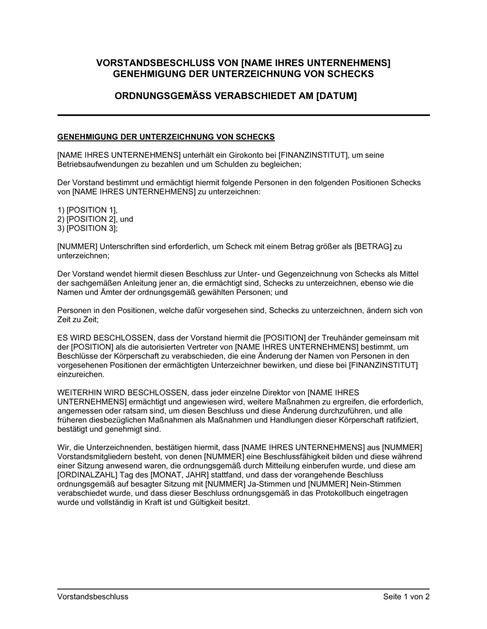 Business-in-a-Box's Vorstandsbeschluss Genehmigung der Unterzeichung von Schecks