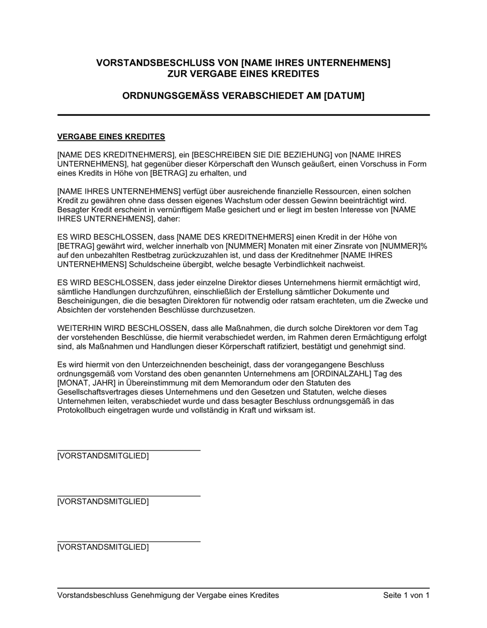 Business-in-a-Box's Vorstandsbeschluss Genehmigung der Vergabe eines Kredites