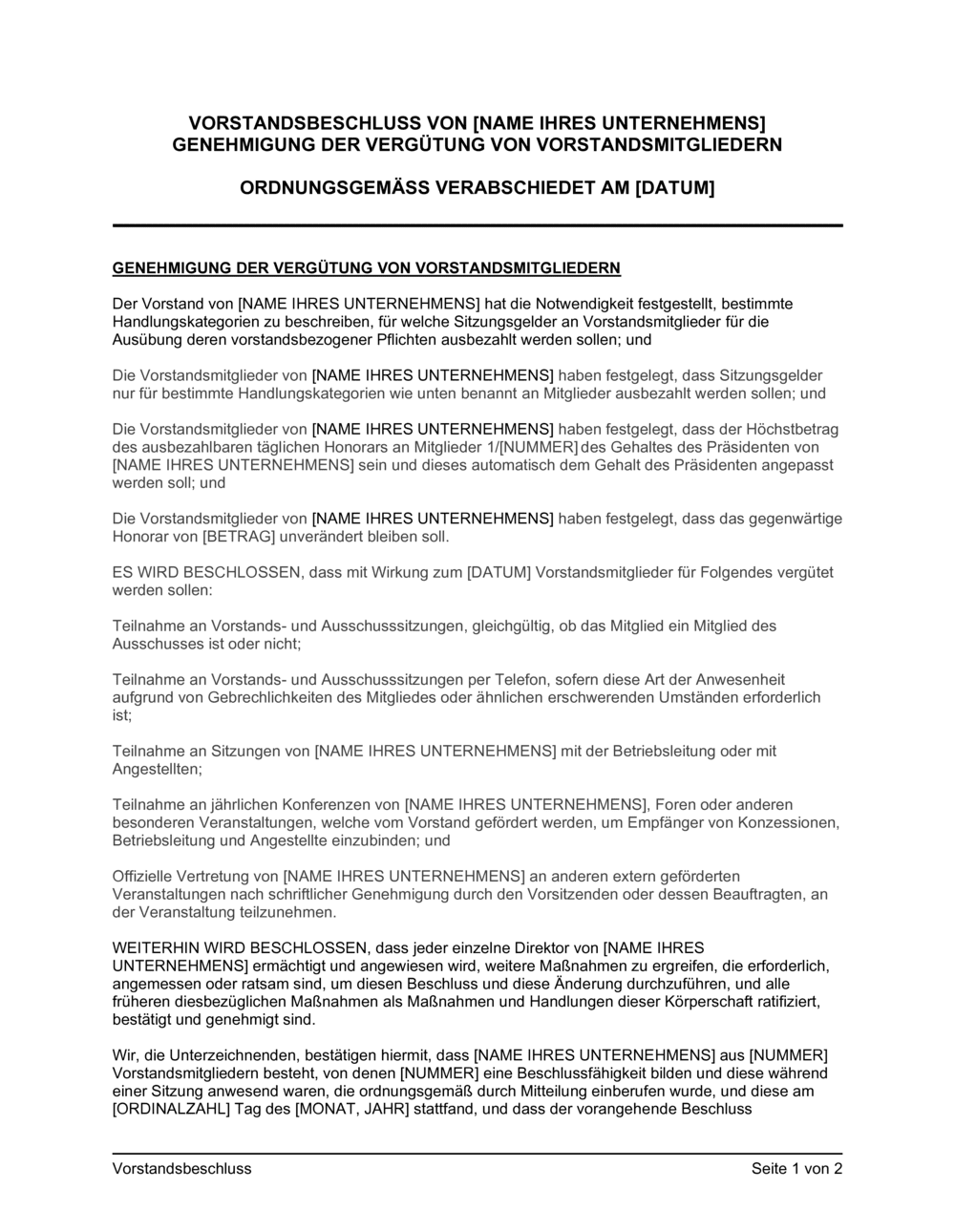 Business-in-a-Box's Vorstandsbeschluss Genehmigung der Vergütung von Vorstandsmitgliedern