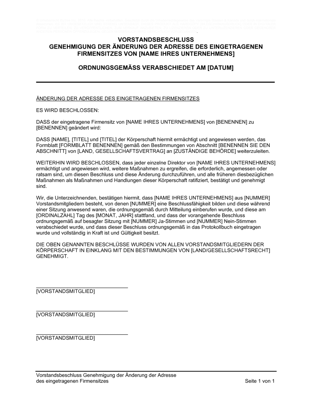 Business-in-a-Box's Vorstandsbeschluss Genehmigung der Änderung der Adresse
