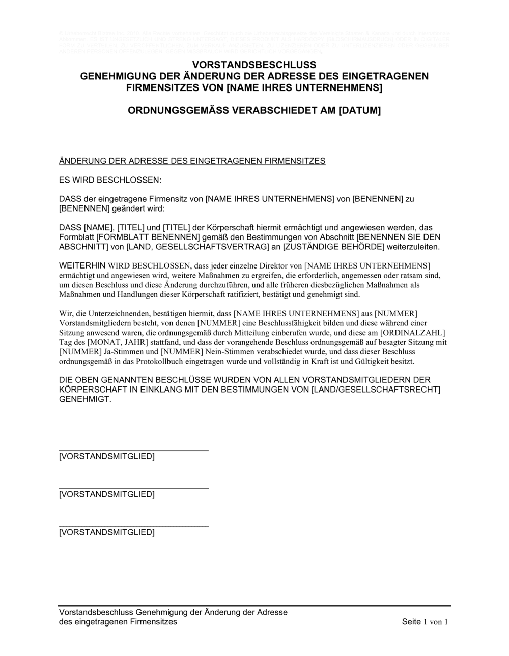 Business-in-a-Box's Vorstandsbeschluss Genehmigung der Änderung der Adresse des eingetragenen Firmensitzes