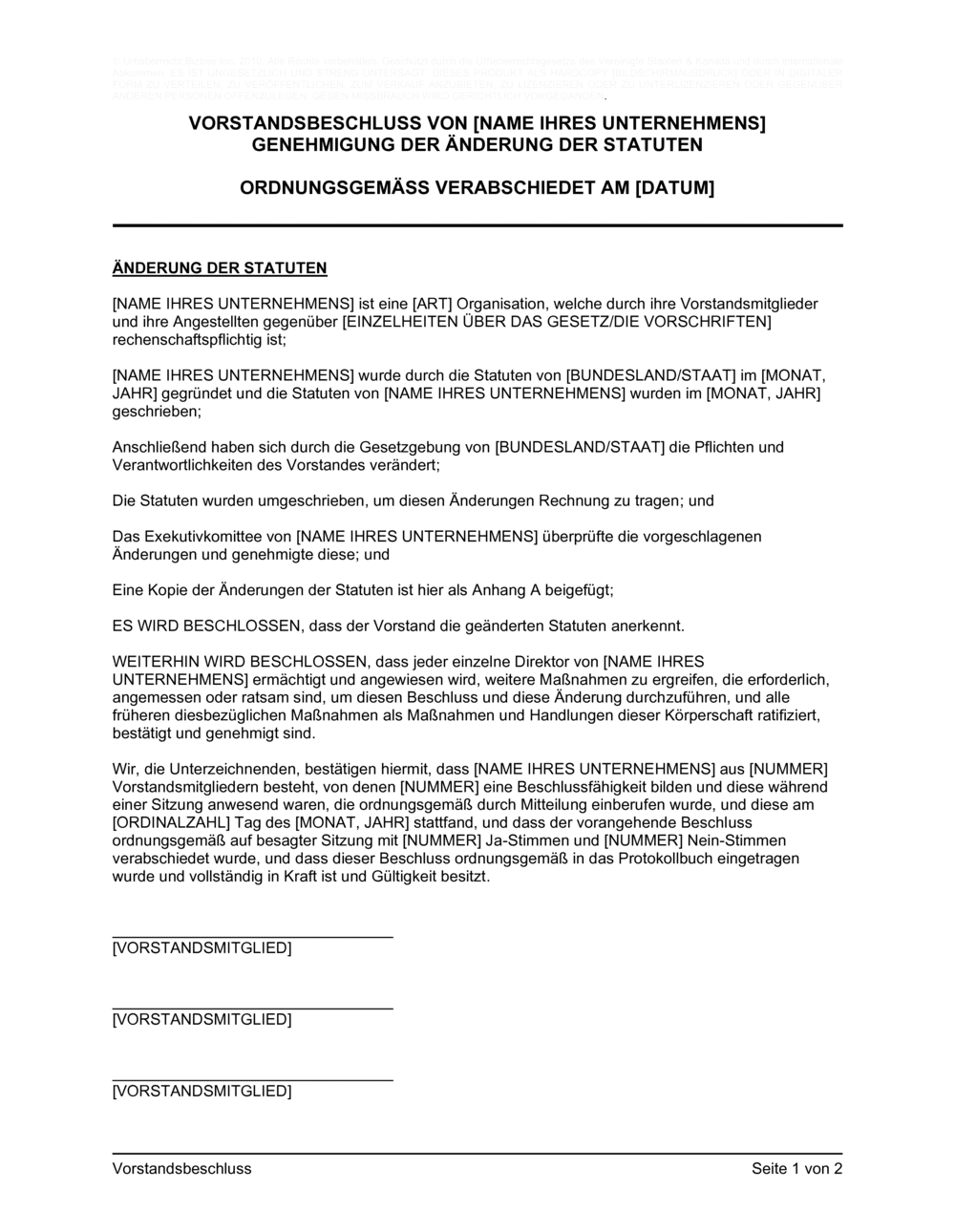Business-in-a-Box's Vorstandsbeschluss Genehmigung der Änderung der Statuten