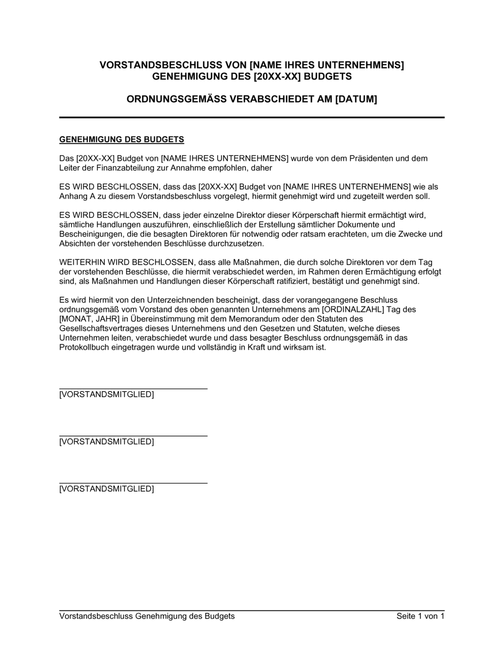 Business-in-a-Box's Vorstandsbeschluss Genehmigung des Budgets