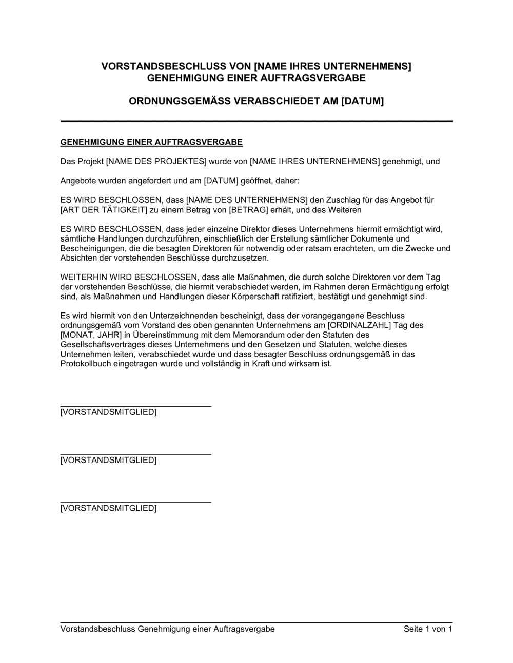 Business-in-a-Box's Vorstandsbeschluss Genehmigung einer Auftragsvergabe