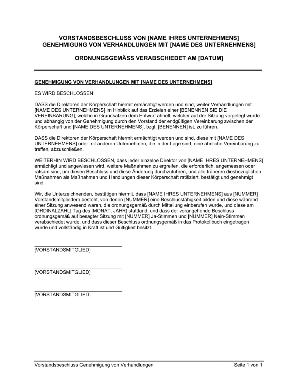 Business-in-a-Box's Vorstandsbeschluss Genehmigung von Verhandlungen