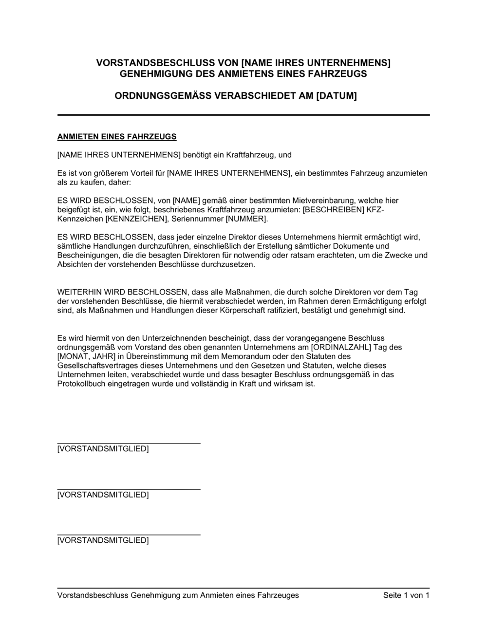 Business-in-a-Box's Vorstandsbeschluss Genehmigung zum Anmieten eines Fahrzeuges