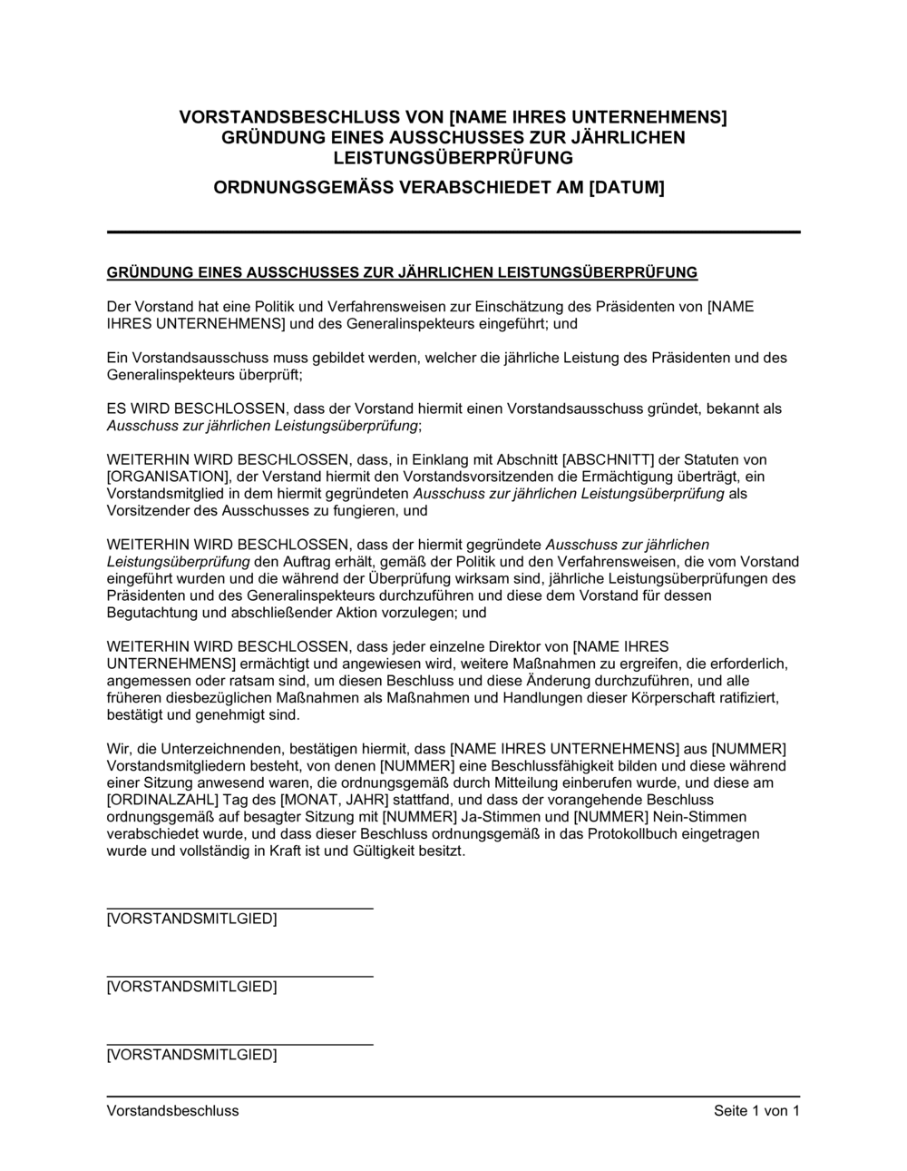 Business-in-a-Box's Vorstandsbeschluss Gründung eines Ausschusses zur Leistungsüberprüfung