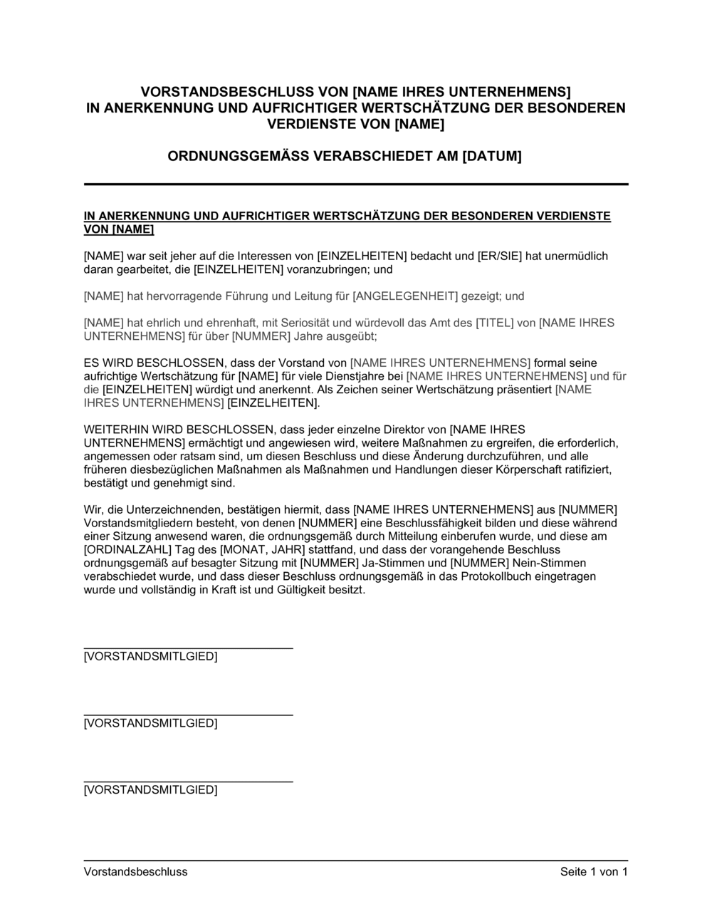 Business-in-a-Box's Vorstandsbeschluss in Anerkennung und aufrichtiger Wertschätzung der Verdiente von