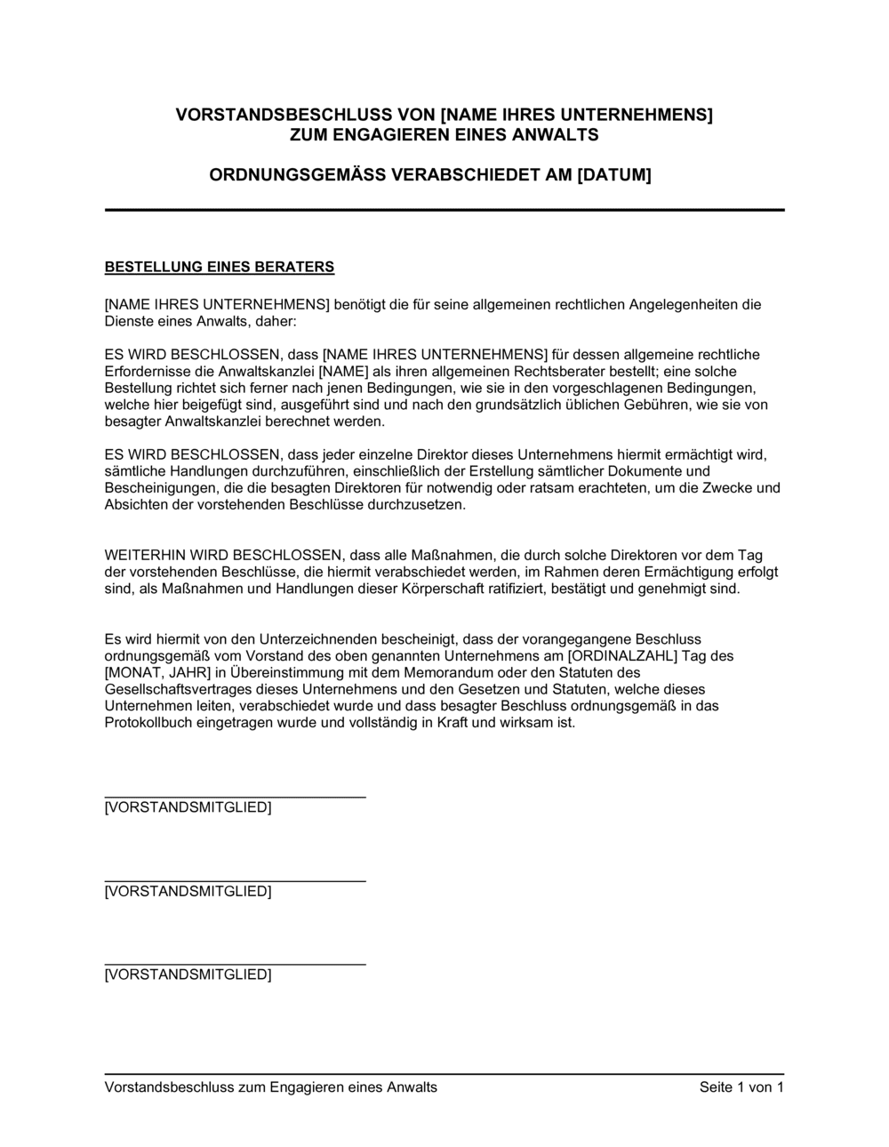 Business-in-a-Box's Vorstandsbeschluss zum Engagieren eines Anwalts