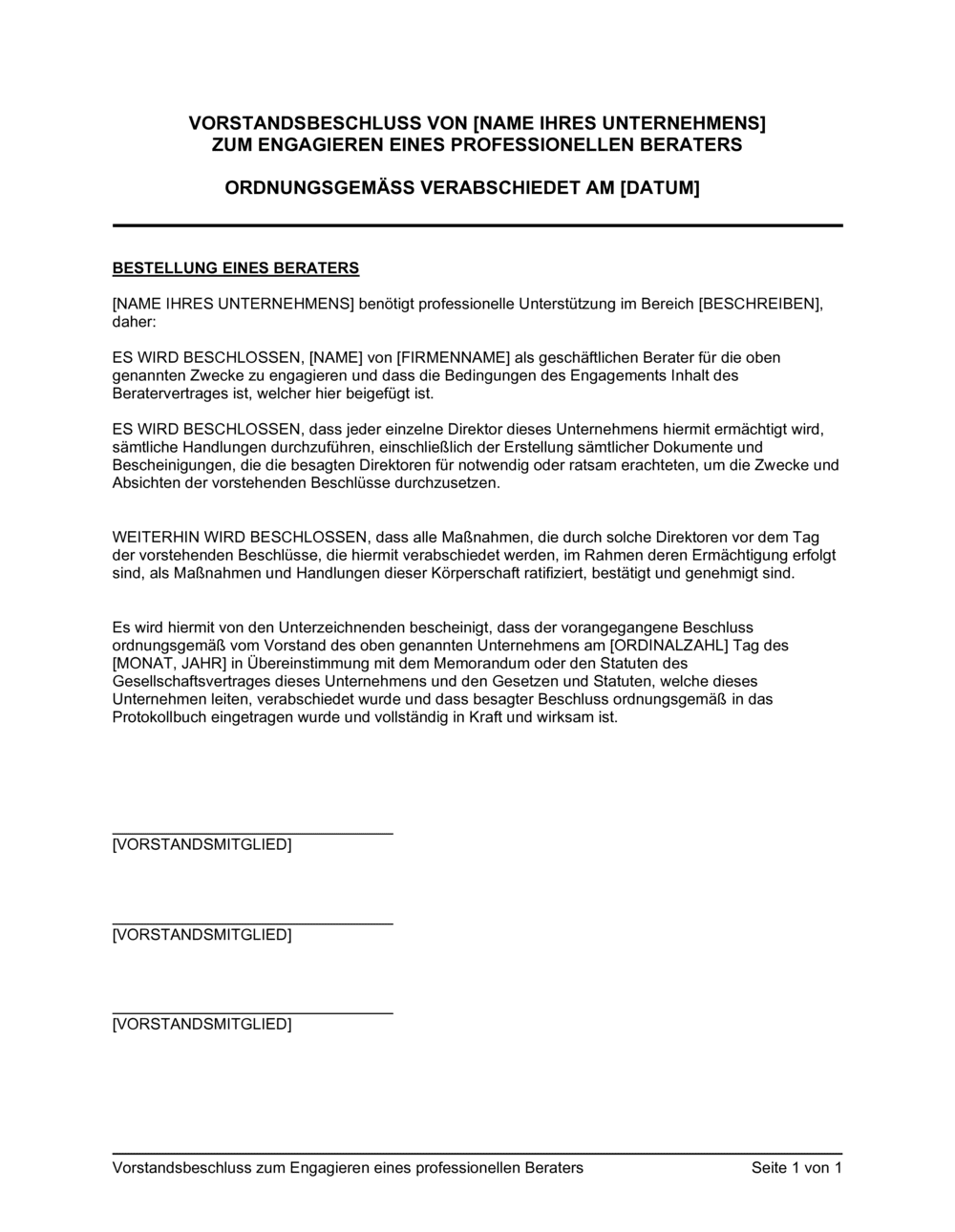 Business-in-a-Box's Vorstandsbeschluss zum Engagieren eines professionellen Beraters