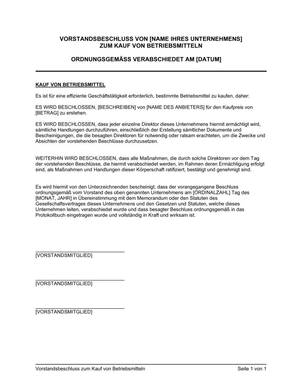 Business-in-a-Box's Vorstandsbeschluss zum Kauf von Betriebsmitteln