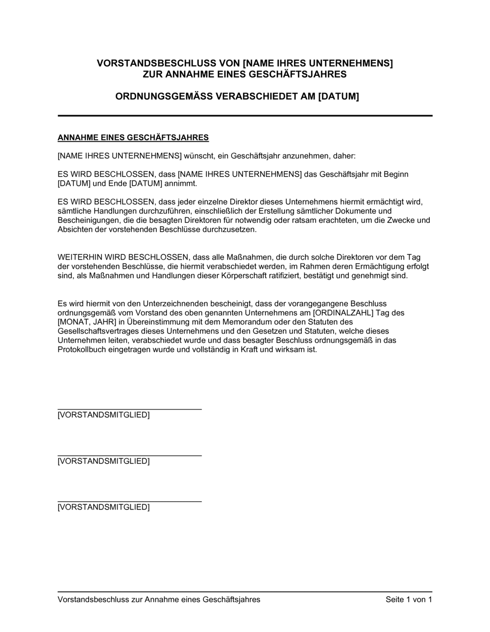 Business-in-a-Box's Vorstandsbeschluss zur Annahme eines Geschäftsjahres