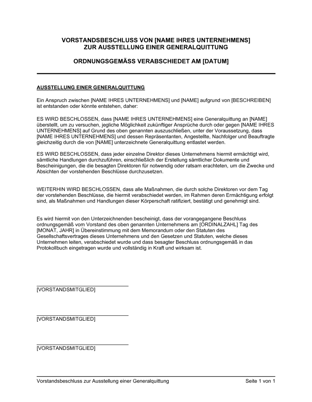 Business-in-a-Box's Vorstandsbeschluss zur Ausstellung einer Generalquittung