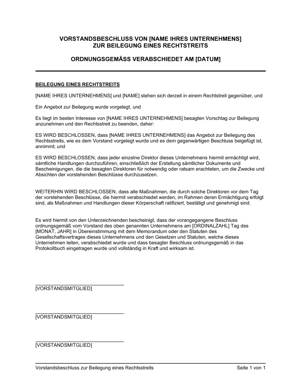 Business-in-a-Box's Vorstandsbeschluss zur Beilegung eines Rechtsstreits