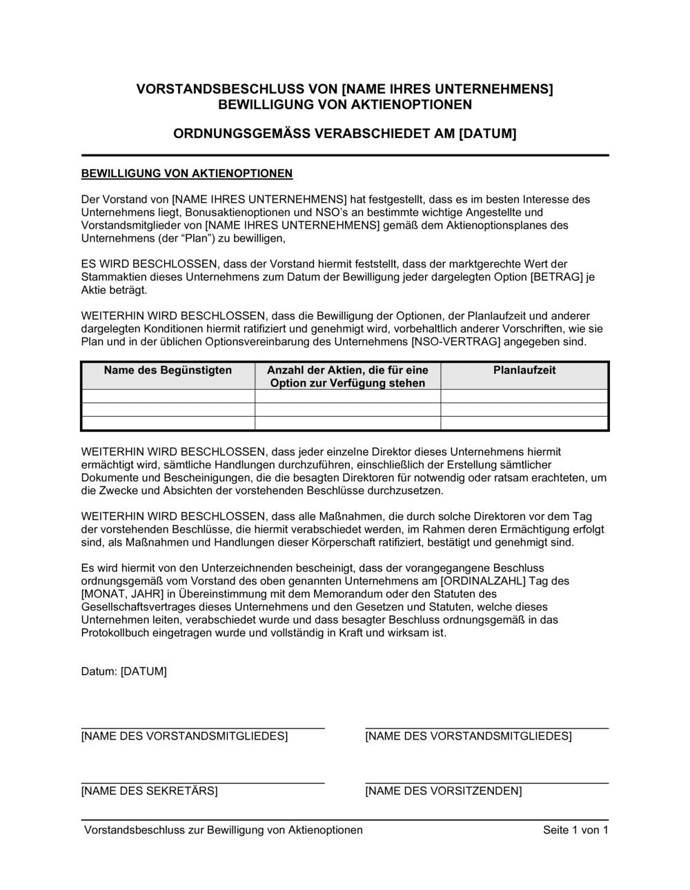 Business-in-a-Box's Vorstandsbeschluss zur Bewilligung von Aktienoptionen