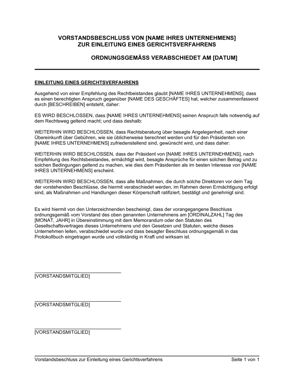 Business-in-a-Box's Vorstandsbeschluss zur Einleitung eines Gerichtsverfahrens