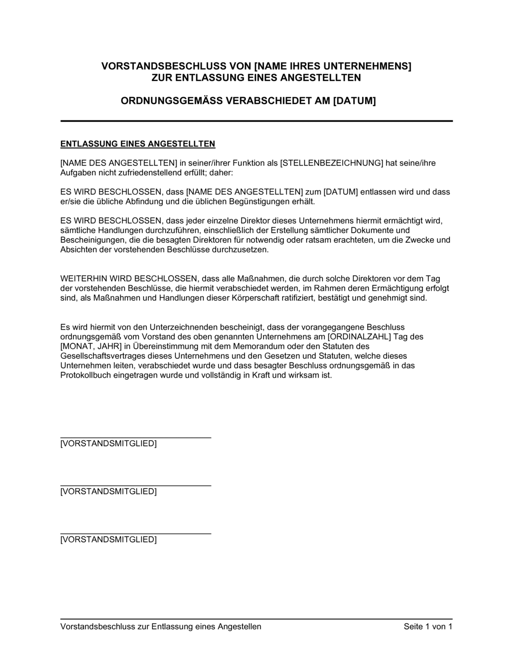 Business-in-a-Box's Vorstandsbeschluss zur Entlassung eines Angestellen