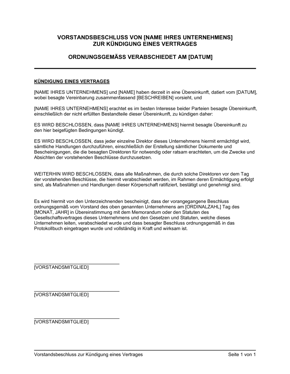 Business-in-a-Box's Vorstandsbeschluss zur Kündigung eines Vertrages
