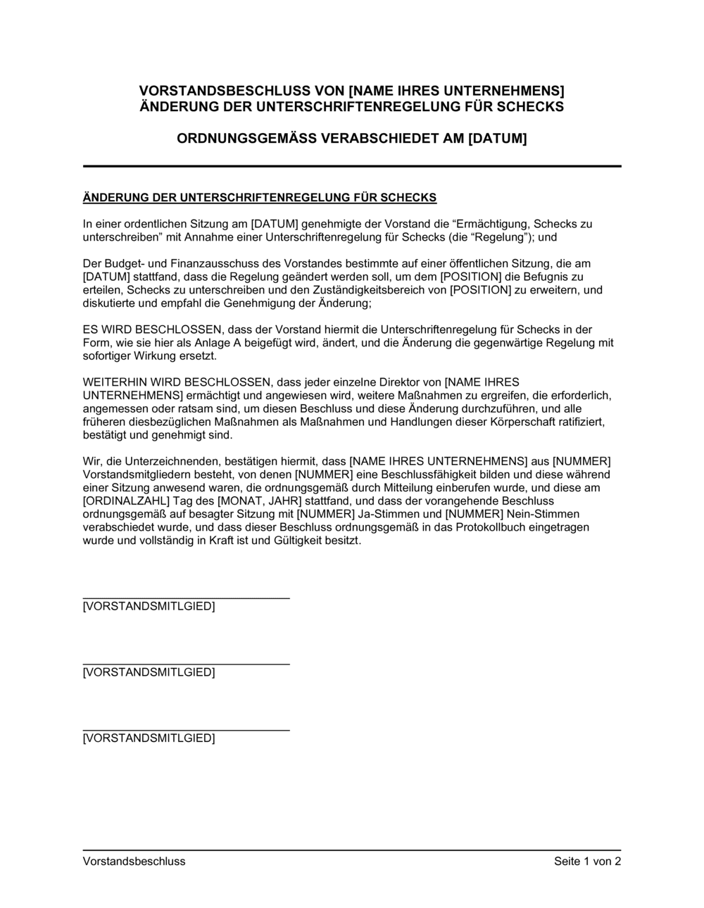 Business-in-a-Box's Vorstandsbeschluss Änderung der Unterschriftenregelung für Schecks