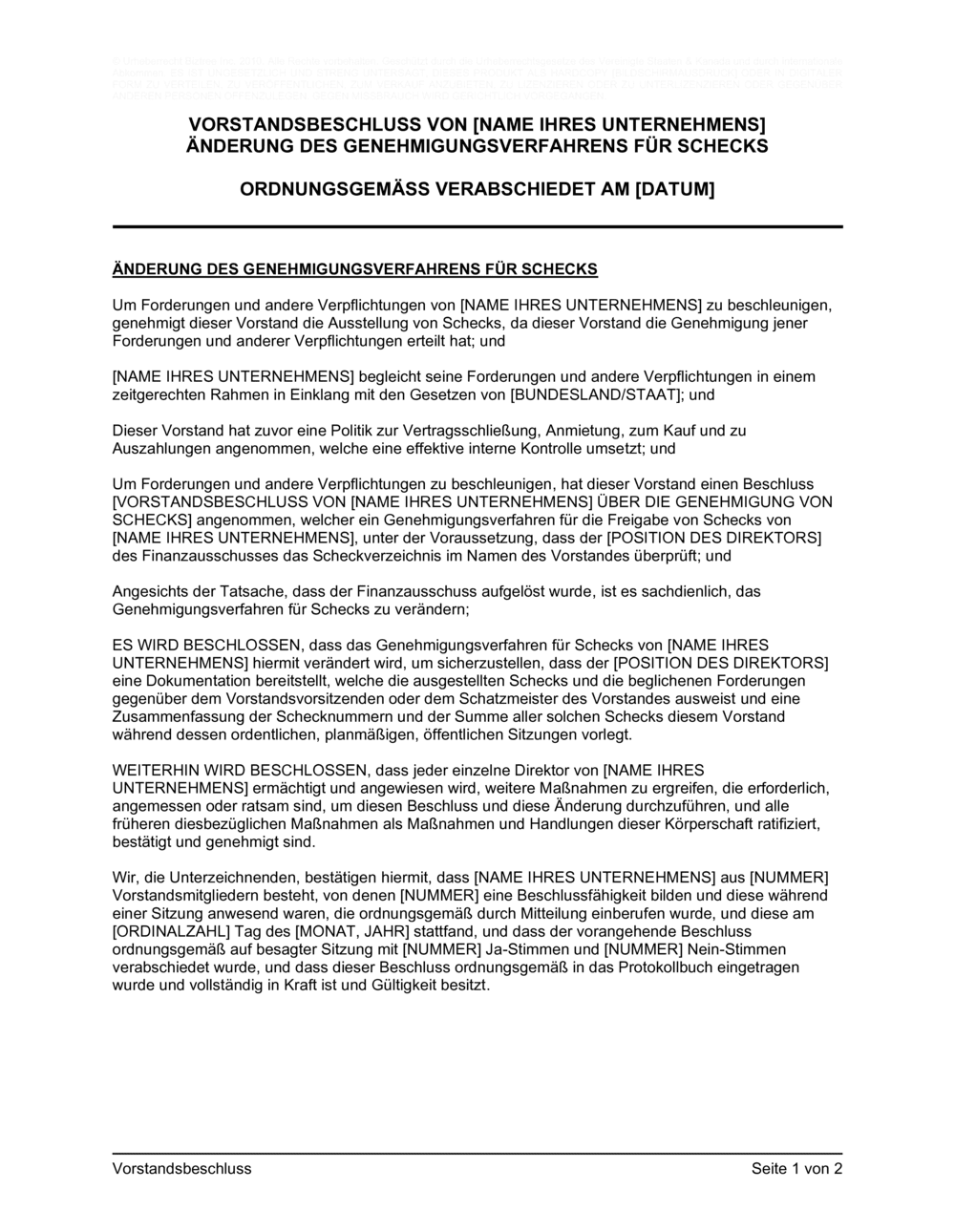 Business-in-a-Box's Vorstandsbeschluss Änderung des Genehmigungsverfahrens für Schecks